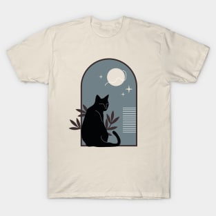 Black cat with plants and night sky in vintage boho minimalist style T-Shirt